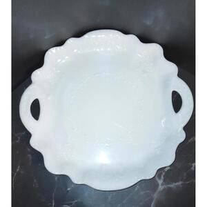 Victorian Milk Glass Scallop Platter Open Handled Embossed Floral Pattern VTG